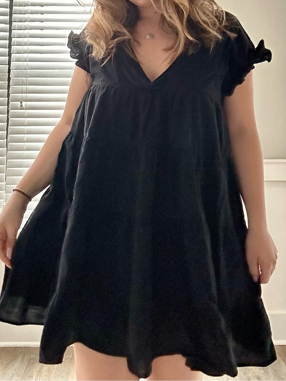 Vestique Black V-Neck Ruffle Sleeve Mini Dress